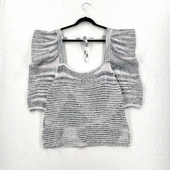 TED BAKER Aspel Puff Sleeve Sweater Womens 12 14 White Gray Marled Tie Back Knit - Picture 4 of 16
